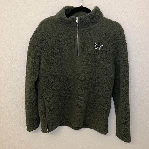 PINK Victoria's Secret Sweaters - Pink Victoria’s Secret Sherpa-Like 1/4 Zip Pull Over Army Green SWEATER Women S